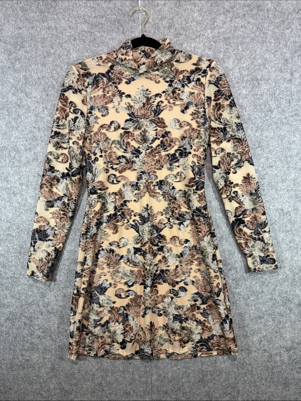 Rachel Walters Long-Sleeve Mini Dress - Womens S - Beige Floral All-Over Print
